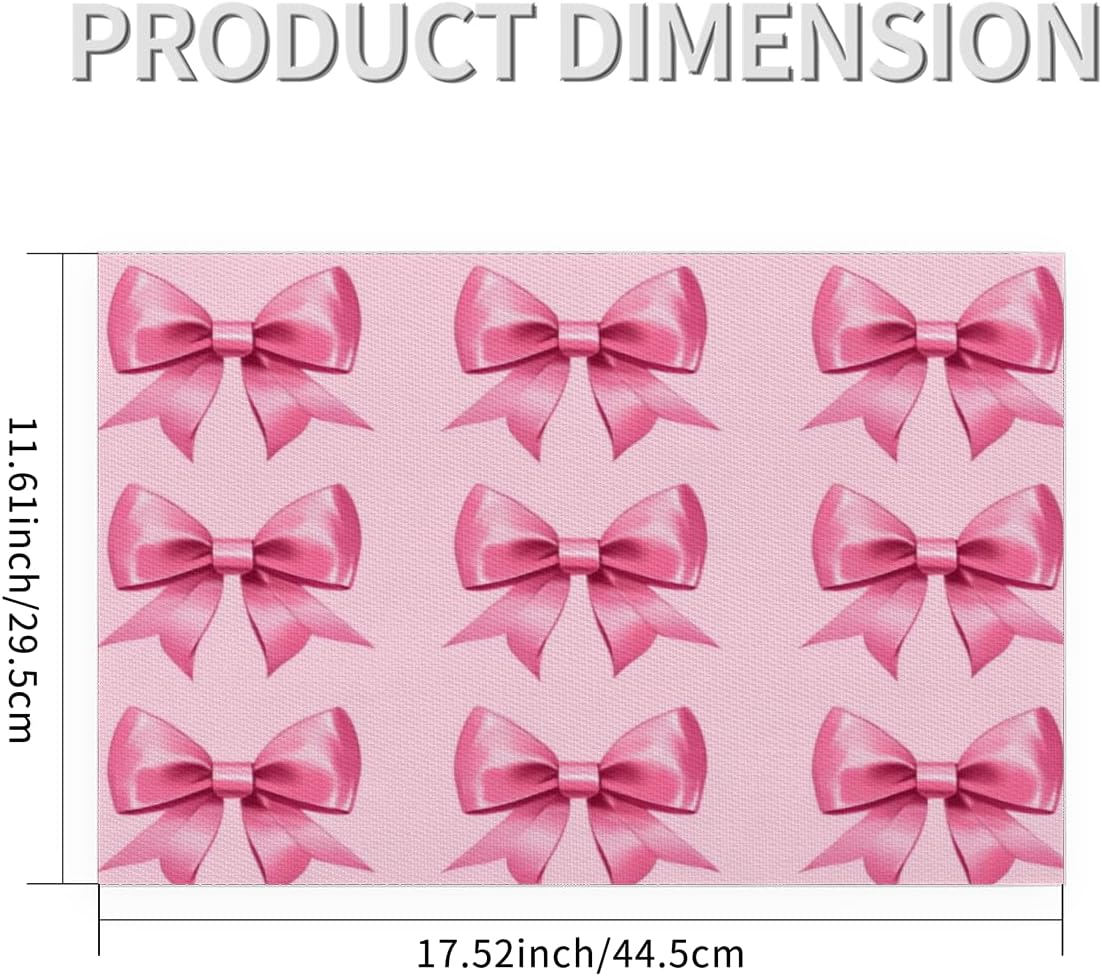 Cute Bow Placemats Set of 4 Vinyl Washable Non-Slip Pink Bowknot Table Mats, Heat Resistant Wrinkle Free Place Mats for Dining Table