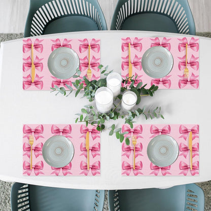 Cute Bow Placemats Set of 4 Vinyl Washable Non-Slip Pink Bowknot Table Mats, Heat Resistant Wrinkle Free Place Mats for Dining Table