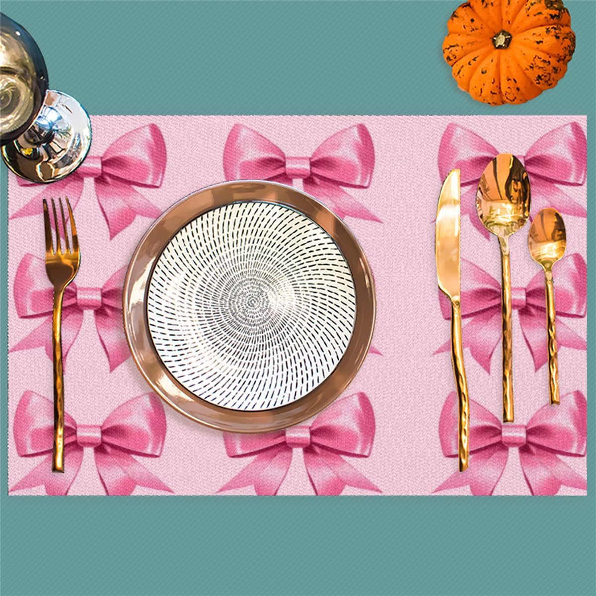Cute Bow Placemats Set of 4 Vinyl Washable Non-Slip Pink Bowknot Table Mats, Heat Resistant Wrinkle Free Place Mats for Dining Table