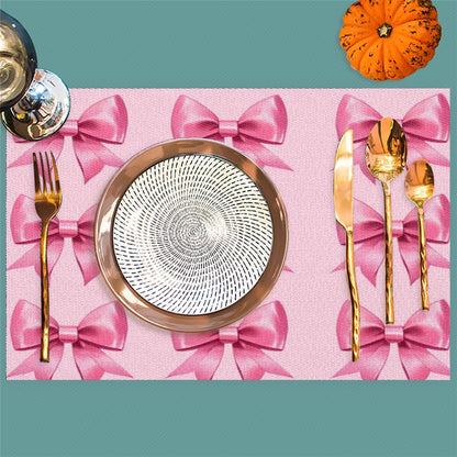Cute Bow Placemats Set of 4 Vinyl Washable Non-Slip Pink Bowknot Table Mats, Heat Resistant Wrinkle Free Place Mats for Dining Table