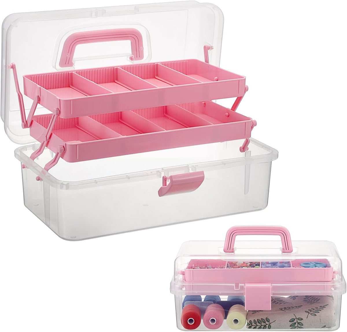 3-Layer Clear Plastic Dividing Storage Box Craft Organizer and Storage with Adjustable Spacers Portable Handled Art Supply Organizer Multipurpose Home Utility Box Sewing Organizers (Pink)