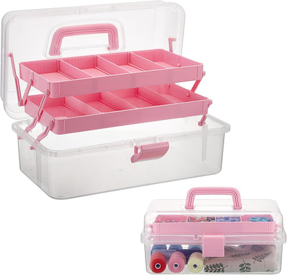 3-Layer Clear Plastic Dividing Storage Box Craft Organizer and Storage with Adjustable Spacers Portable Handled Art Supply Organizer Multipurpose Home Utility Box Sewing Organizers (Pink)