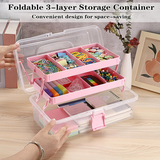 3-Layer Clear Plastic Dividing Storage Box Craft Organizer and Storage with Adjustable Spacers Portable Handled Art Supply Organizer Multipurpose Home Utility Box Sewing Organizers (Pink)