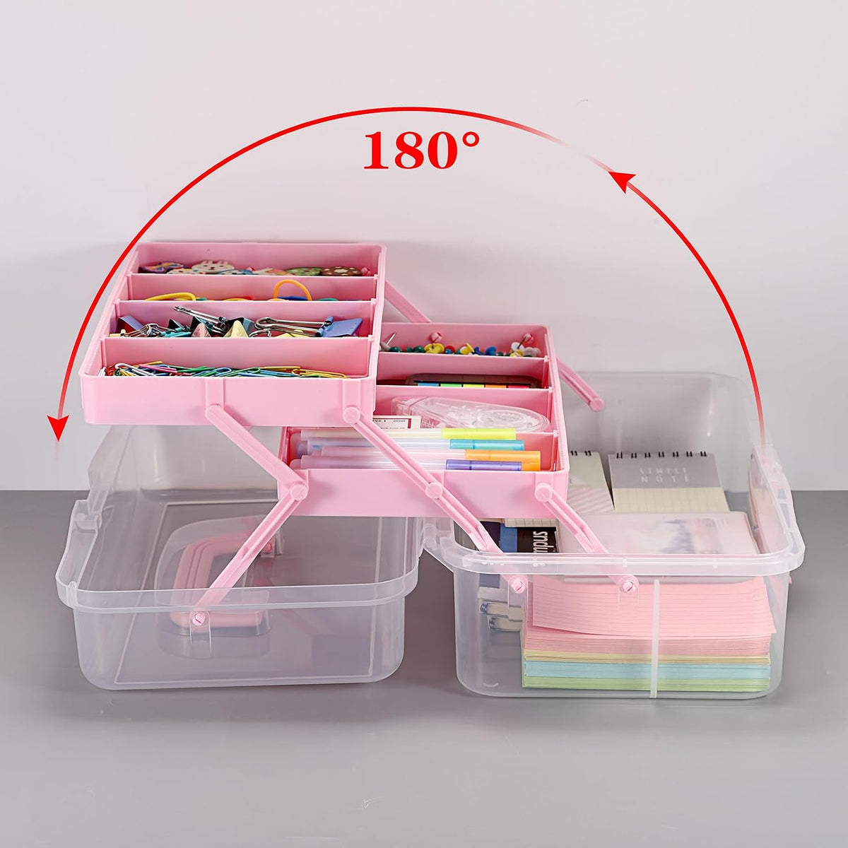 3-Layer Clear Plastic Dividing Storage Box Craft Organizer and Storage with Adjustable Spacers Portable Handled Art Supply Organizer Multipurpose Home Utility Box Sewing Organizers (Pink)