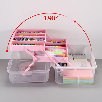 3-Layer Clear Plastic Dividing Storage Box Craft Organizer and Storage with Adjustable Spacers Portable Handled Art Supply Organizer Multipurpose Home Utility Box Sewing Organizers (Pink)