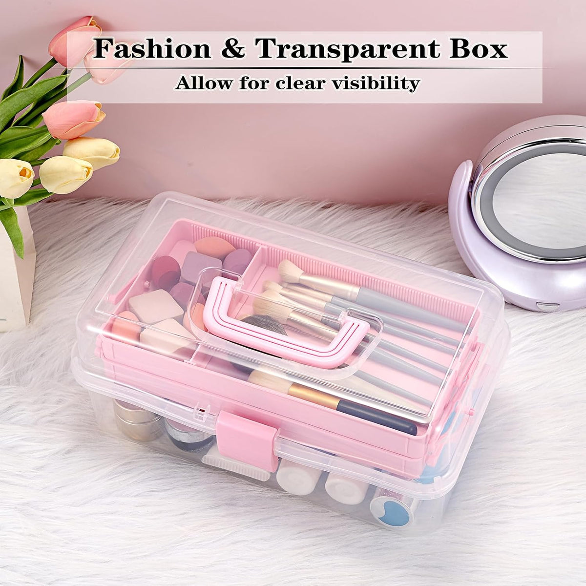 3-Layer Clear Plastic Dividing Storage Box Craft Organizer and Storage with Adjustable Spacers Portable Handled Art Supply Organizer Multipurpose Home Utility Box Sewing Organizers (Pink)