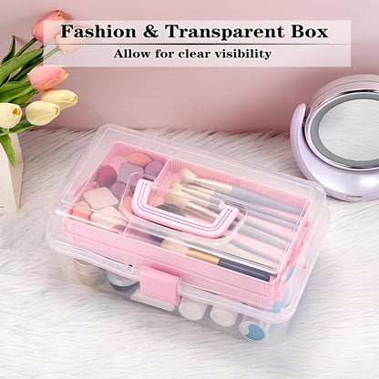 3-Layer Clear Plastic Dividing Storage Box Craft Organizer and Storage with Adjustable Spacers Portable Handled Art Supply Organizer Multipurpose Home Utility Box Sewing Organizers (Pink)