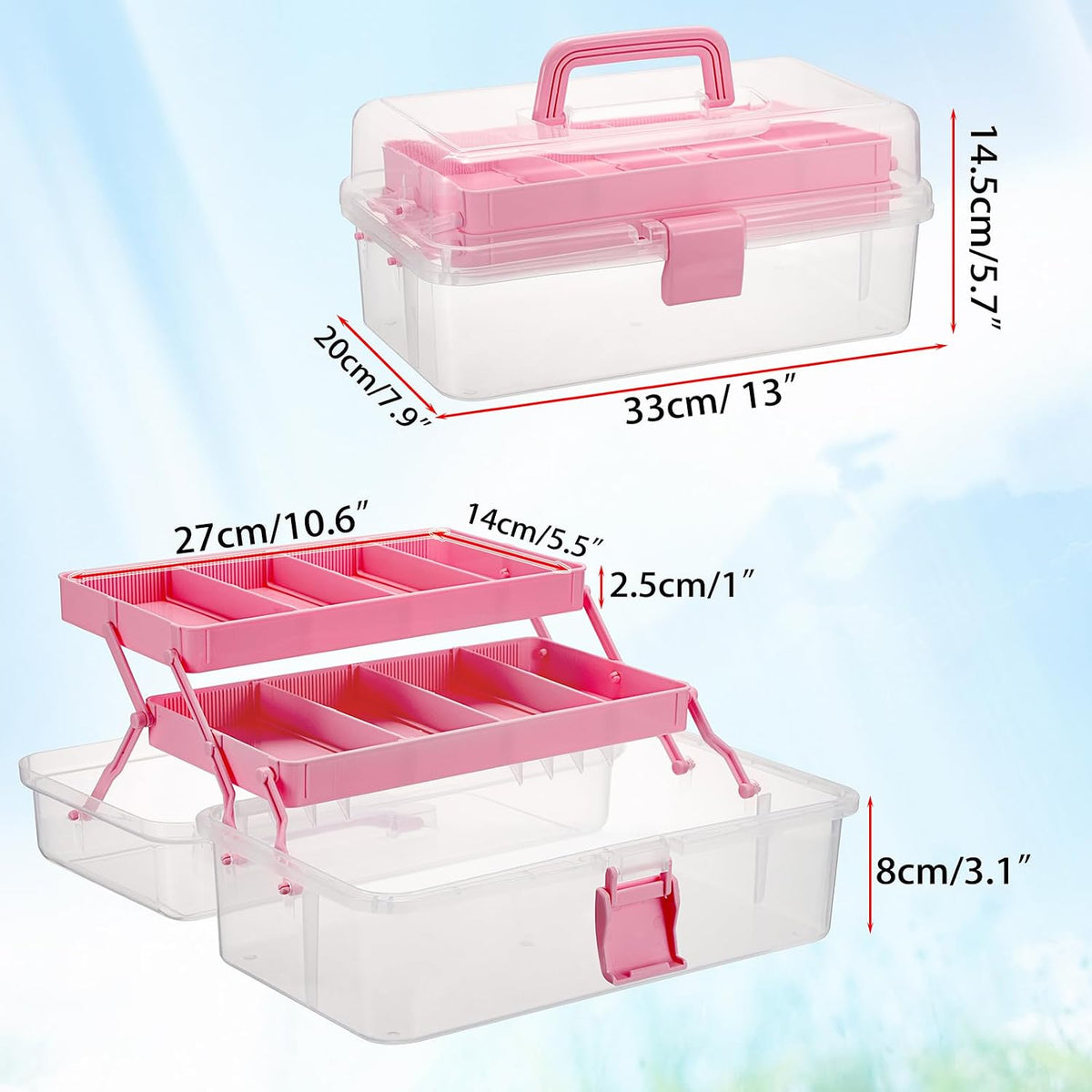 3-Layer Clear Plastic Dividing Storage Box Craft Organizer and Storage with Adjustable Spacers Portable Handled Art Supply Organizer Multipurpose Home Utility Box Sewing Organizers (Pink)