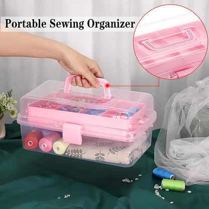 3-Layer Clear Plastic Dividing Storage Box Craft Organizer and Storage with Adjustable Spacers Portable Handled Art Supply Organizer Multipurpose Home Utility Box Sewing Organizers (Pink)