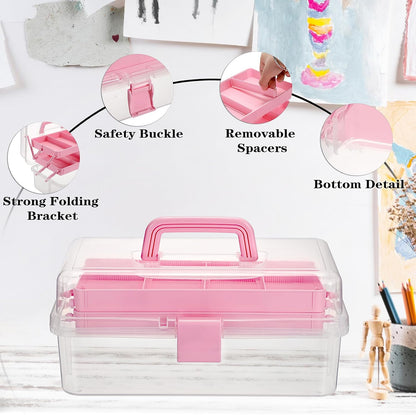 3-Layer Clear Plastic Dividing Storage Box Craft Organizer and Storage with Adjustable Spacers Portable Handled Art Supply Organizer Multipurpose Home Utility Box Sewing Organizers (Pink)