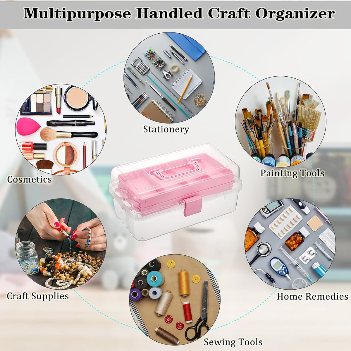 3-Layer Clear Plastic Dividing Storage Box Craft Organizer and Storage with Adjustable Spacers Portable Handled Art Supply Organizer Multipurpose Home Utility Box Sewing Organizers (Pink)