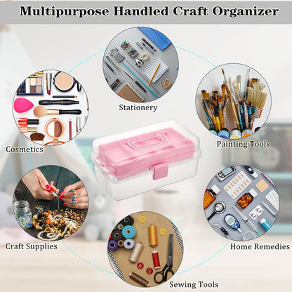 3-Layer Clear Plastic Dividing Storage Box Craft Organizer and Storage with Adjustable Spacers Portable Handled Art Supply Organizer Multipurpose Home Utility Box Sewing Organizers (Pink)