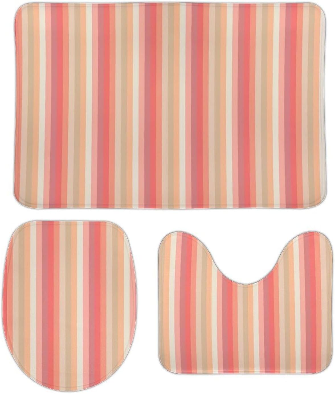 Bathroom Rugs Set 3 Piece Trendy Stripes Peach and Pink Bath Rug Mat Set, Non Slip Absorbent Bathroom Decor Mat, Toilet Lid Cover & U Shaped Contour Rug
