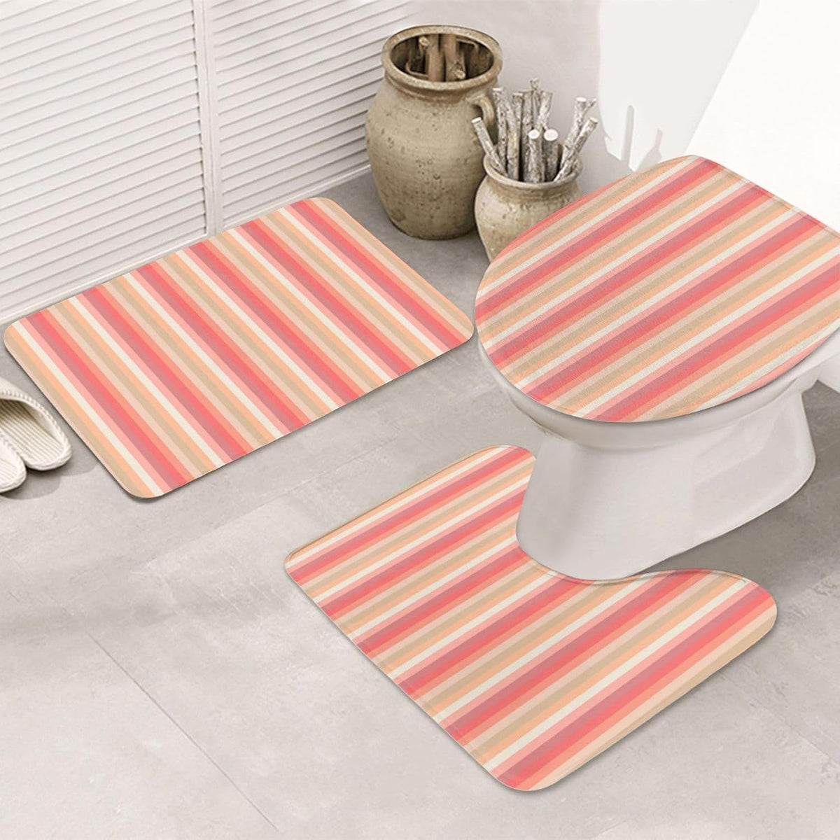 Bathroom Rugs Set 3 Piece Trendy Stripes Peach and Pink Bath Rug Mat Set, Non Slip Absorbent Bathroom Decor Mat, Toilet Lid Cover & U Shaped Contour Rug