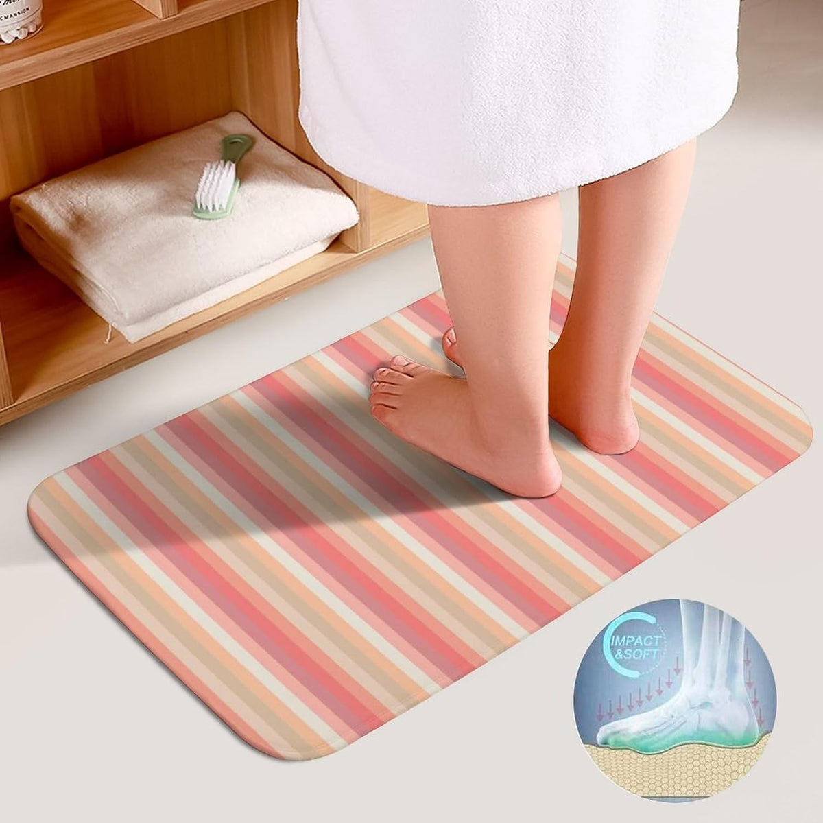 Bathroom Rugs Set 3 Piece Trendy Stripes Peach and Pink Bath Rug Mat Set, Non Slip Absorbent Bathroom Decor Mat, Toilet Lid Cover & U Shaped Contour Rug