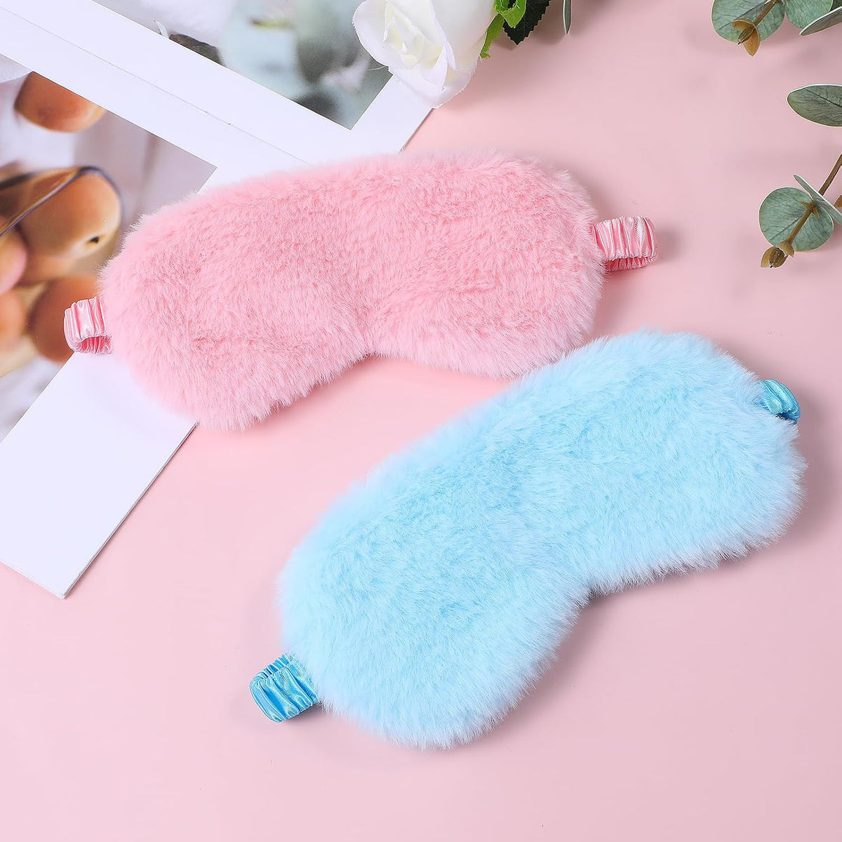 2 Pcs Plush Eye Mask Soft Sleeping Blindfold Eye Cover Comfortable Furry Faux Fur Sleeping Mask Satin Nap Night Eyeshade Cover for Women Men Gift (Blue, Pink)
