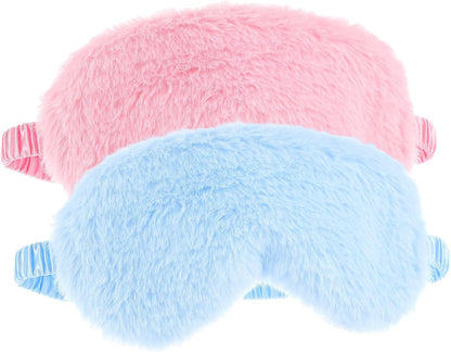 2 Pcs Plush Eye Mask Soft Sleeping Blindfold Eye Cover Comfortable Furry Faux Fur Sleeping Mask Satin Nap Night Eyeshade Cover for Women Men Gift (Blue, Pink)