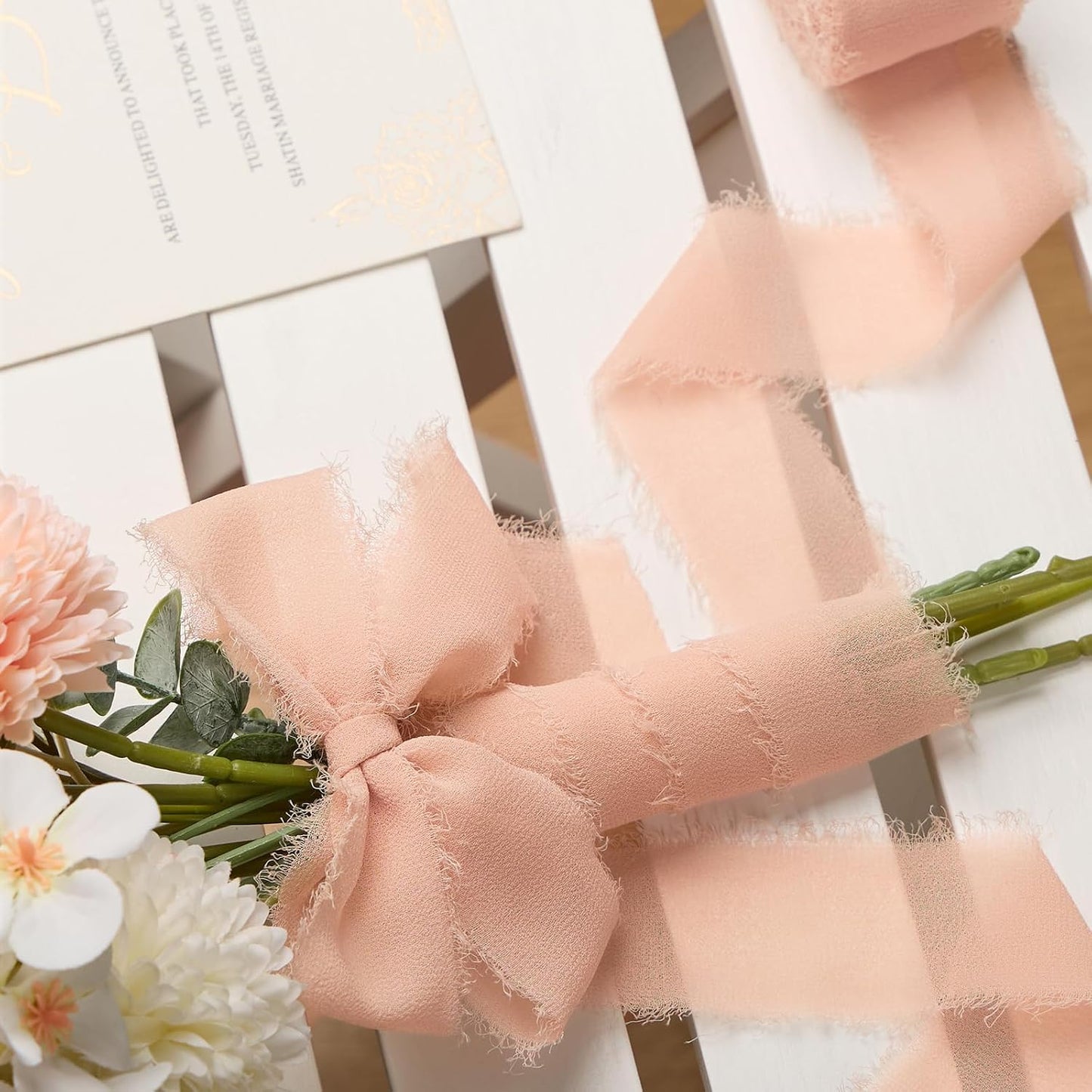 Peach Chiffon Ribbon, 1.5" x 21 Yd | Handmade Fringe, Silk Ribbon, For Gift Wrapping, Wedding Invitation, Bridal Flower Bouquet, DIY Crafts, Home Decor