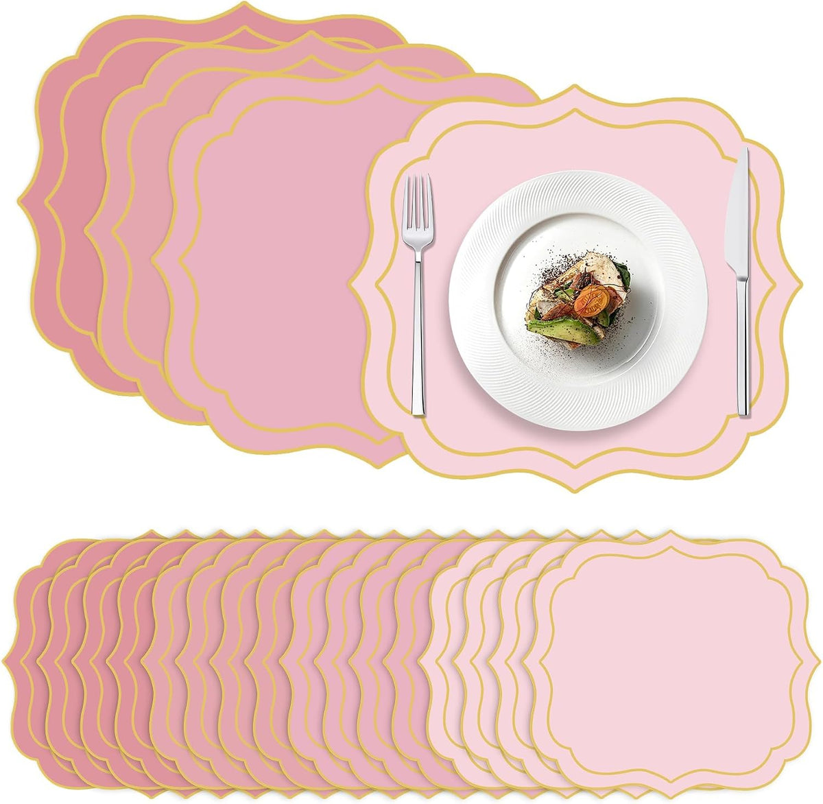 100 Pcs Pink Paper Placemats 13.4 x 12 Inch Disposable Scalloped Paper Placemats Decorative Place Mat for Wedding Baby Shower Banquet Party Holiday Table Decor