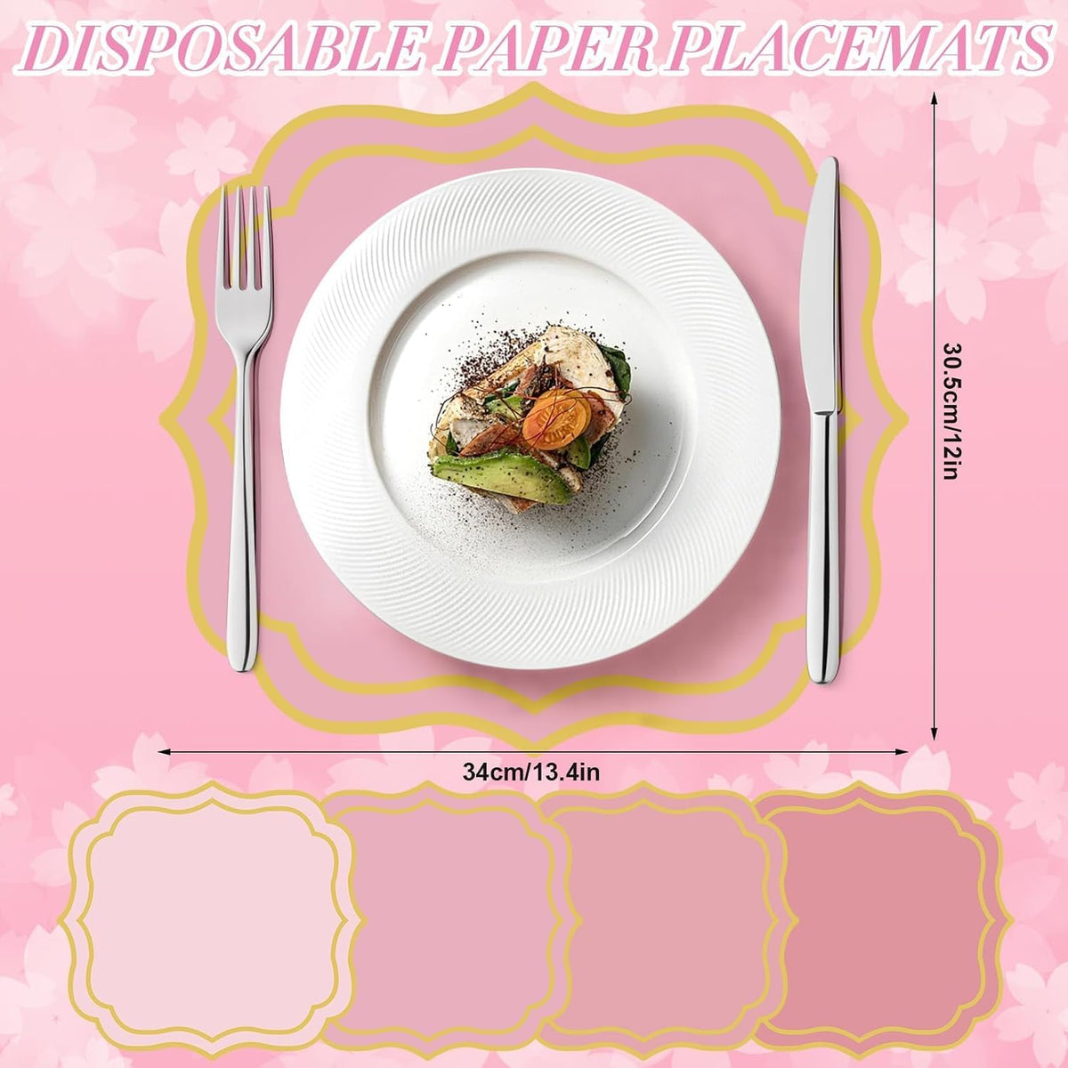 100 Pcs Pink Paper Placemats 13.4 x 12 Inch Disposable Scalloped Paper Placemats Decorative Place Mat for Wedding Baby Shower Banquet Party Holiday Table Decor