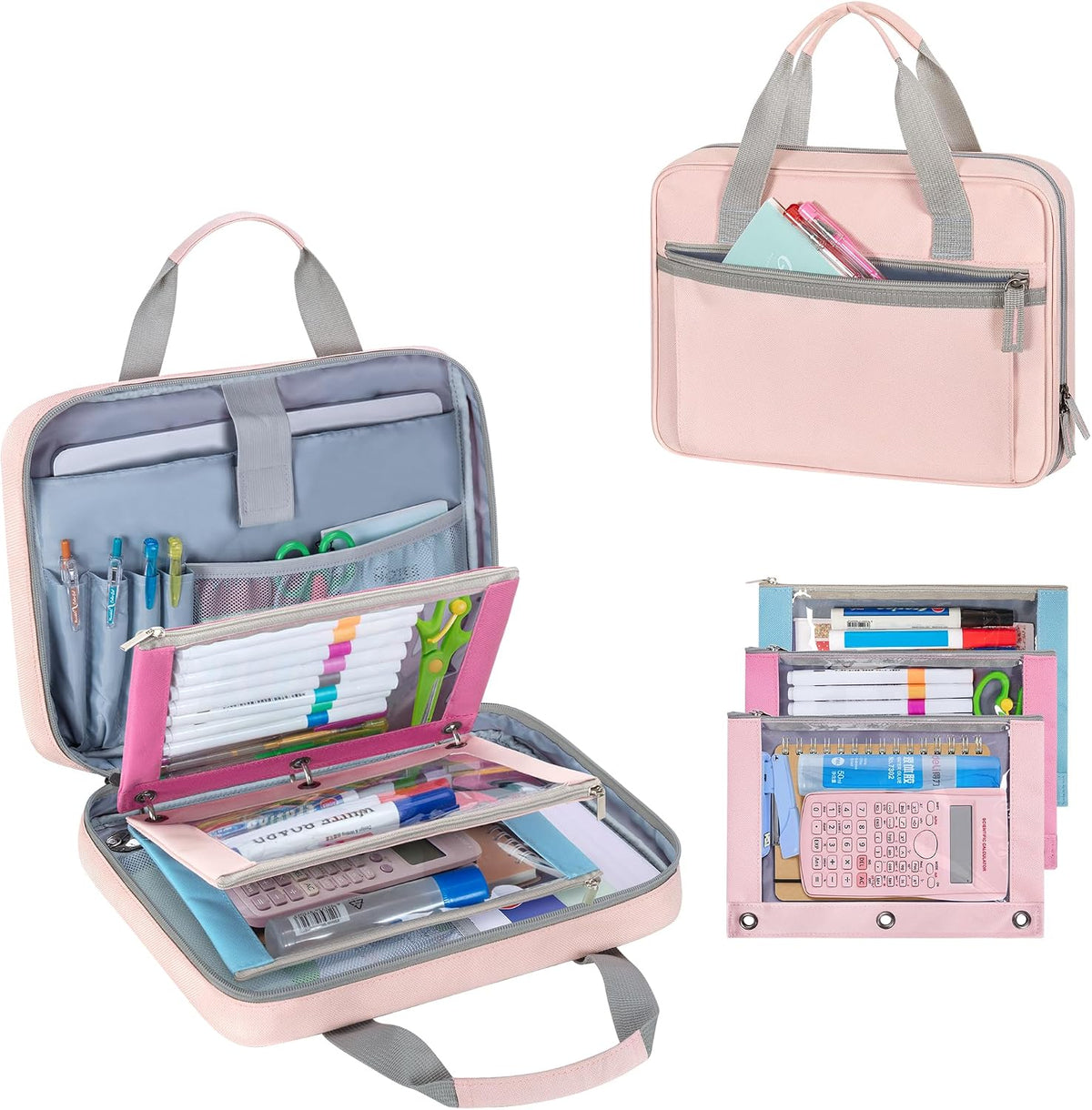 2026 Upgraded Zipper Binder 3 Ring Bag with 3 Pack Pencil Pouches