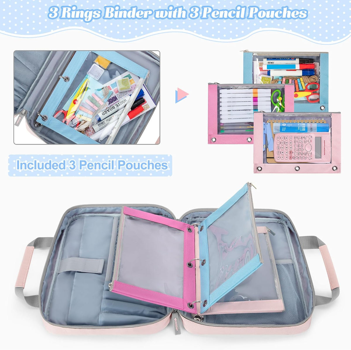 2026 Upgraded Zipper Binder 3 Ring Bag with 3 Pack Pencil Pouches