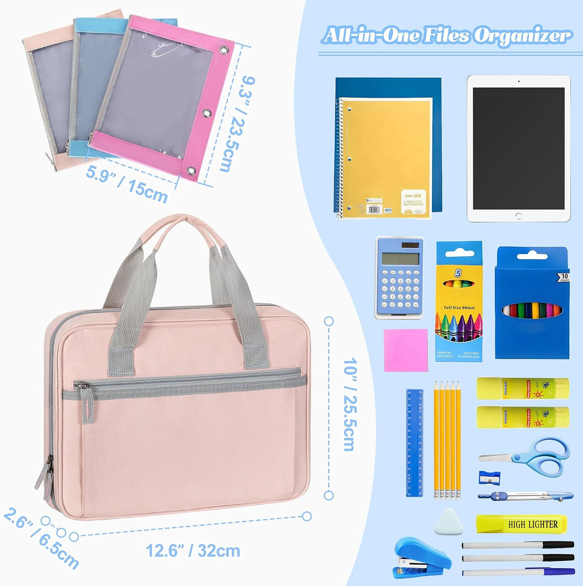 2026 Upgraded Zipper Binder 3 Ring Bag with 3 Pack Pencil Pouches