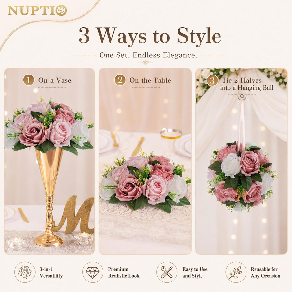Flower Balls for Table Centerpieces: Dusty Pink & White Fake Flowers