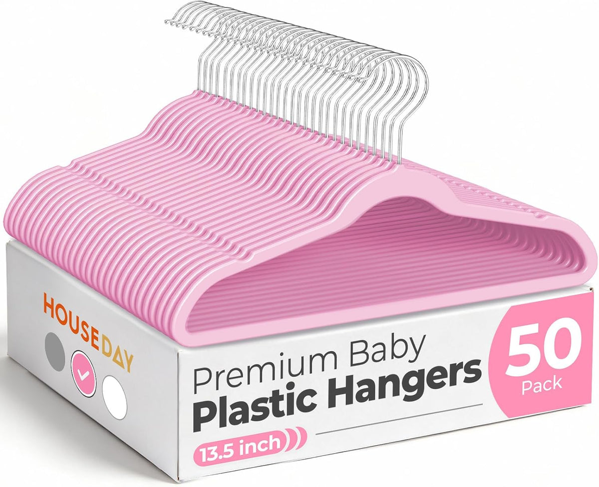 13.5 Inch Kids Hangers 50 Pack, Pink ABS Plastic Clothes Hangers