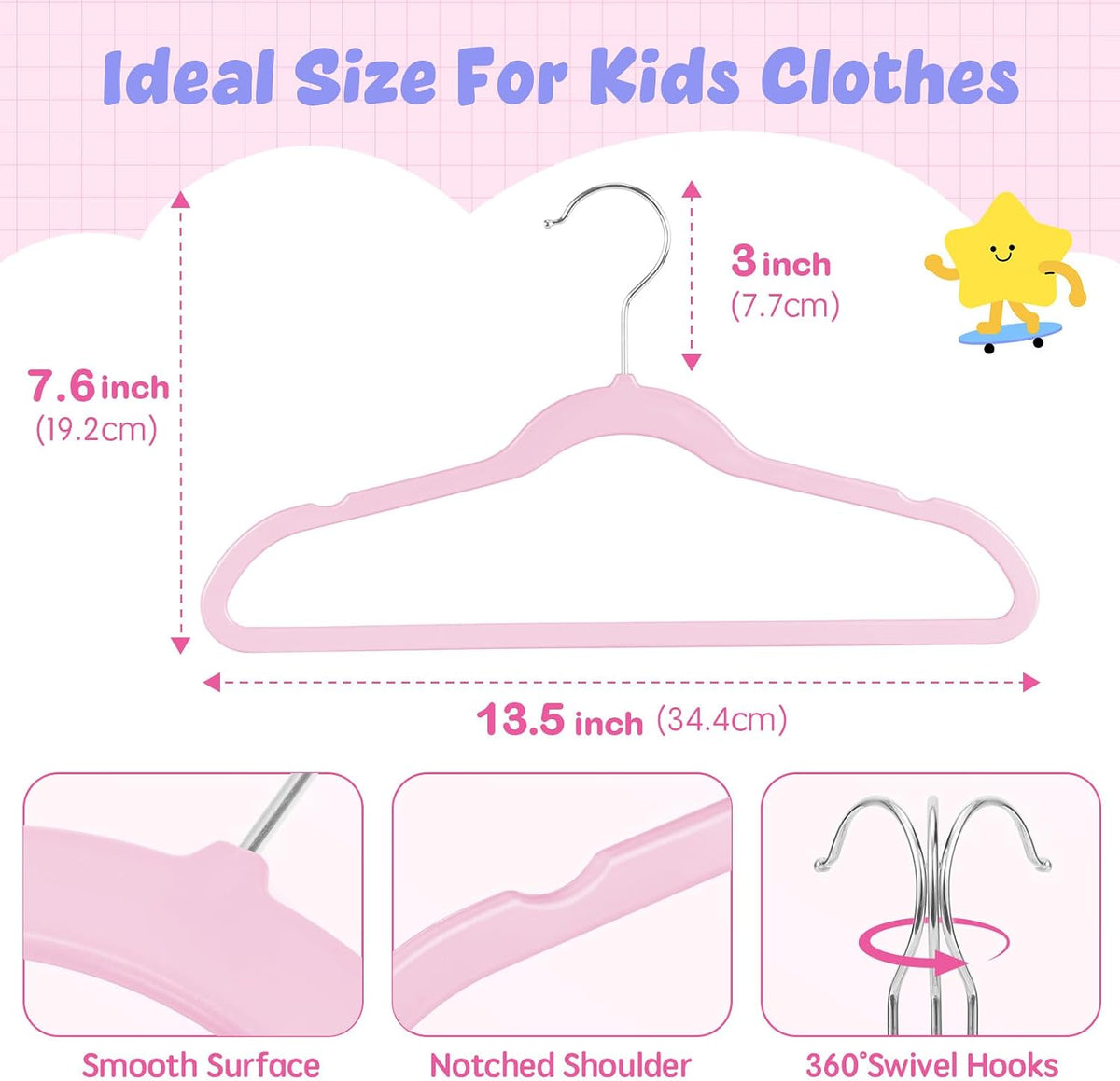 13.5 Inch Kids Hangers 50 Pack, Pink ABS Plastic Clothes Hangers