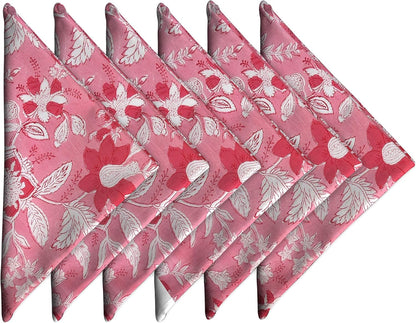 Cotton Dinner Napkins 18x18 inches - Washable Cloth Napkins Set of 6 - Everyday Use or Dinner Party and Events - Pink Lighweight Indian Block Printed Fabric