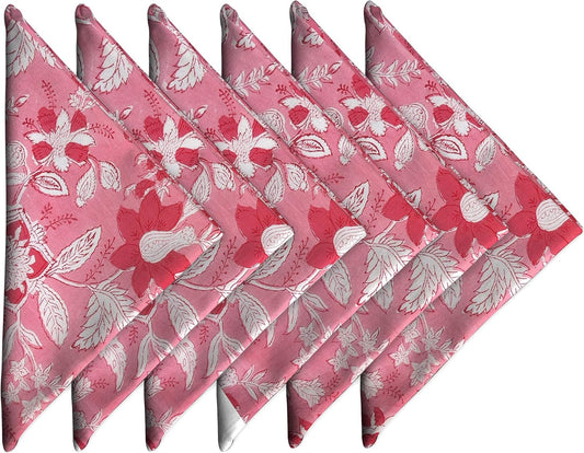 Cotton Dinner Napkins 18x18 inches - Washable Cloth Napkins Set of 6 - Everyday Use or Dinner Party and Events - Pink Lighweight Indian Block Printed Fabric