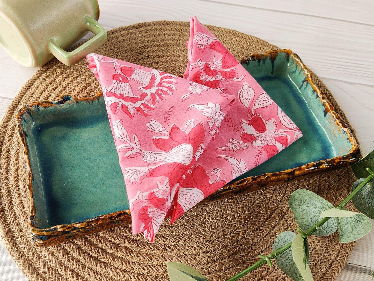 Cotton Dinner Napkins 18x18 inches - Washable Cloth Napkins Set of 6 - Everyday Use or Dinner Party and Events - Pink Lighweight Indian Block Printed Fabric