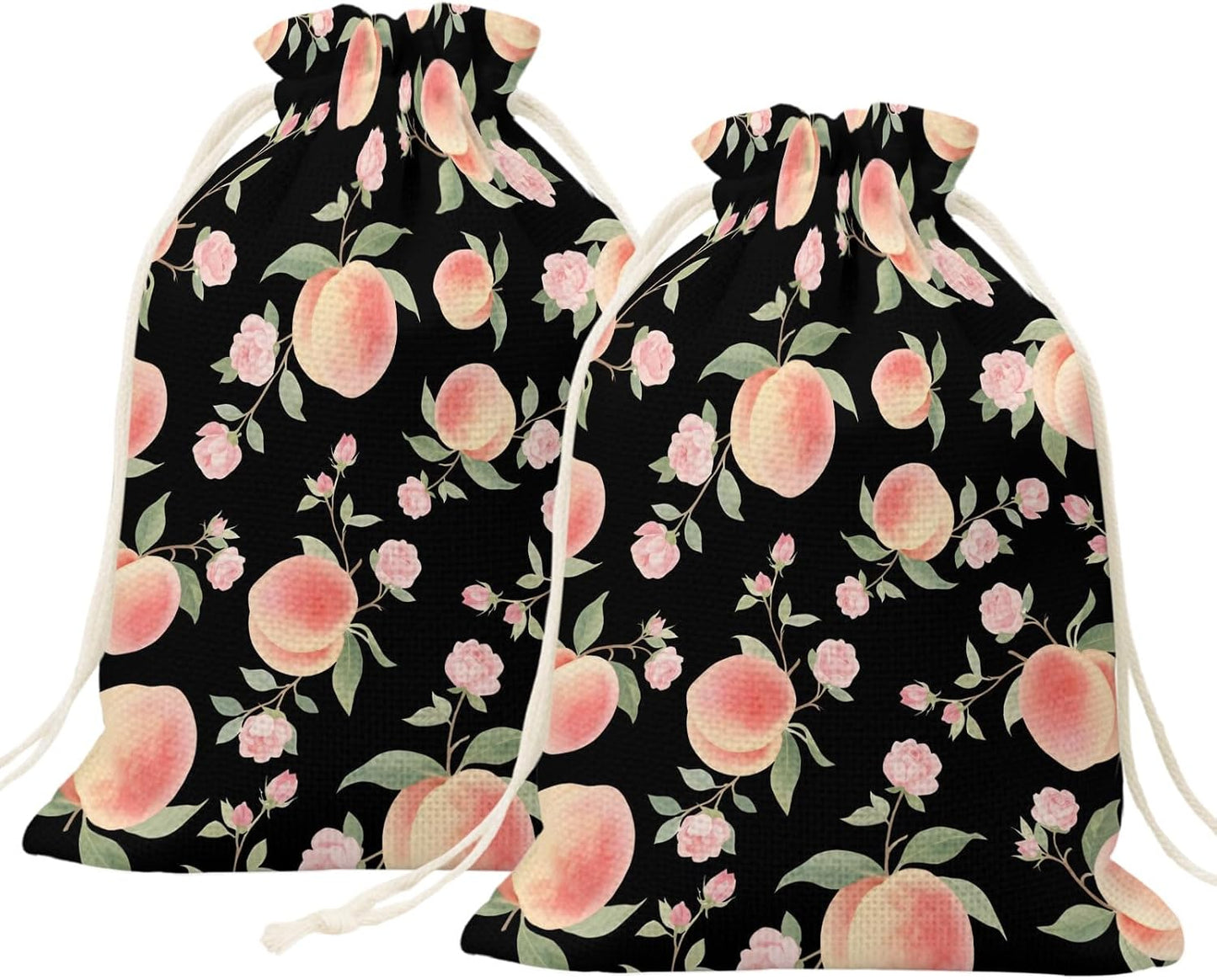 Victoroes Peach Drawstring Gift Bags 2 Pcs 11.8" x 15.7" Medium Summer Peach Flower Spring Black Gift Bag Reusable Fabric Wrap Bags for Wedding Party Birthday Holiday