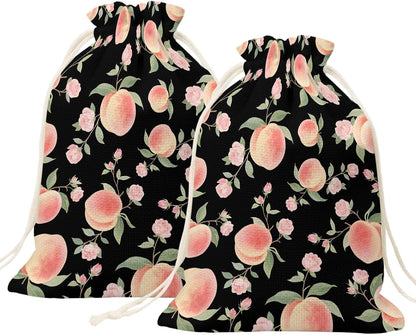 Victoroes Peach Drawstring Gift Bags 2 Pcs 11.8" x 15.7" Medium Summer Peach Flower Spring Black Gift Bag Reusable Fabric Wrap Bags for Wedding Party Birthday Holiday