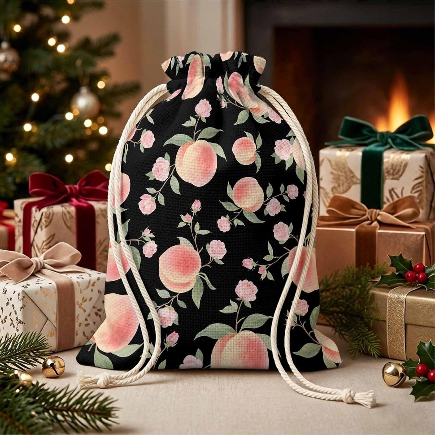 Victoroes Peach Drawstring Gift Bags 2 Pcs 11.8" x 15.7" Medium Summer Peach Flower Spring Black Gift Bag Reusable Fabric Wrap Bags for Wedding Party Birthday Holiday