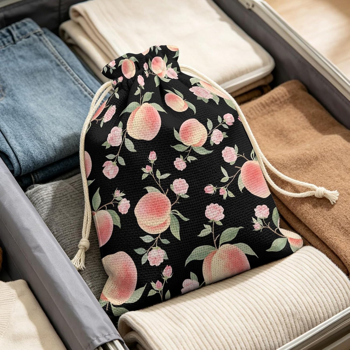 Victoroes Peach Drawstring Gift Bags 2 Pcs 11.8" x 15.7" Medium Summer Peach Flower Spring Black Gift Bag Reusable Fabric Wrap Bags for Wedding Party Birthday Holiday