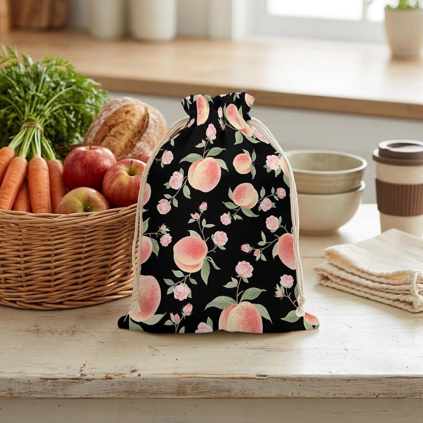 Victoroes Peach Drawstring Gift Bags 2 Pcs 11.8" x 15.7" Medium Summer Peach Flower Spring Black Gift Bag Reusable Fabric Wrap Bags for Wedding Party Birthday Holiday