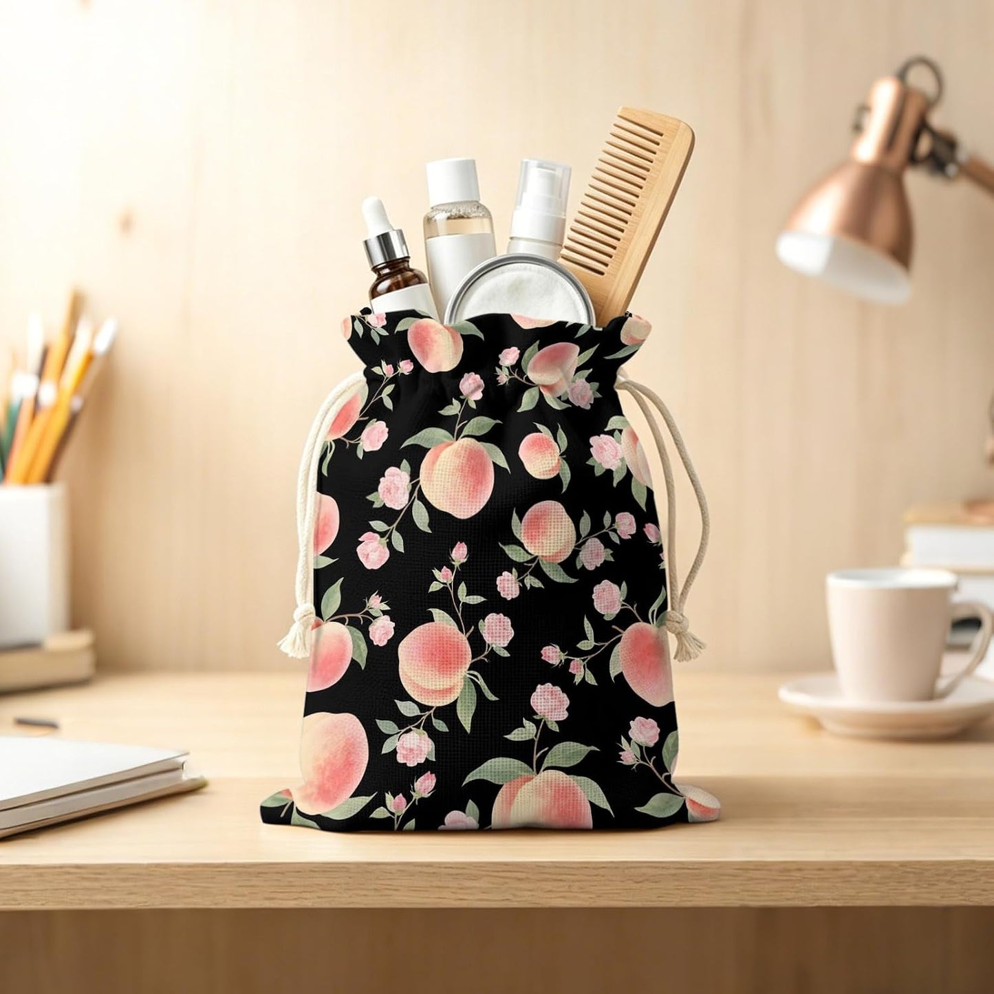 Victoroes Peach Drawstring Gift Bags 2 Pcs 11.8" x 15.7" Medium Summer Peach Flower Spring Black Gift Bag Reusable Fabric Wrap Bags for Wedding Party Birthday Holiday