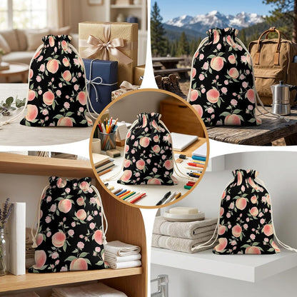 Victoroes Peach Drawstring Gift Bags 2 Pcs 11.8" x 15.7" Medium Summer Peach Flower Spring Black Gift Bag Reusable Fabric Wrap Bags for Wedding Party Birthday Holiday