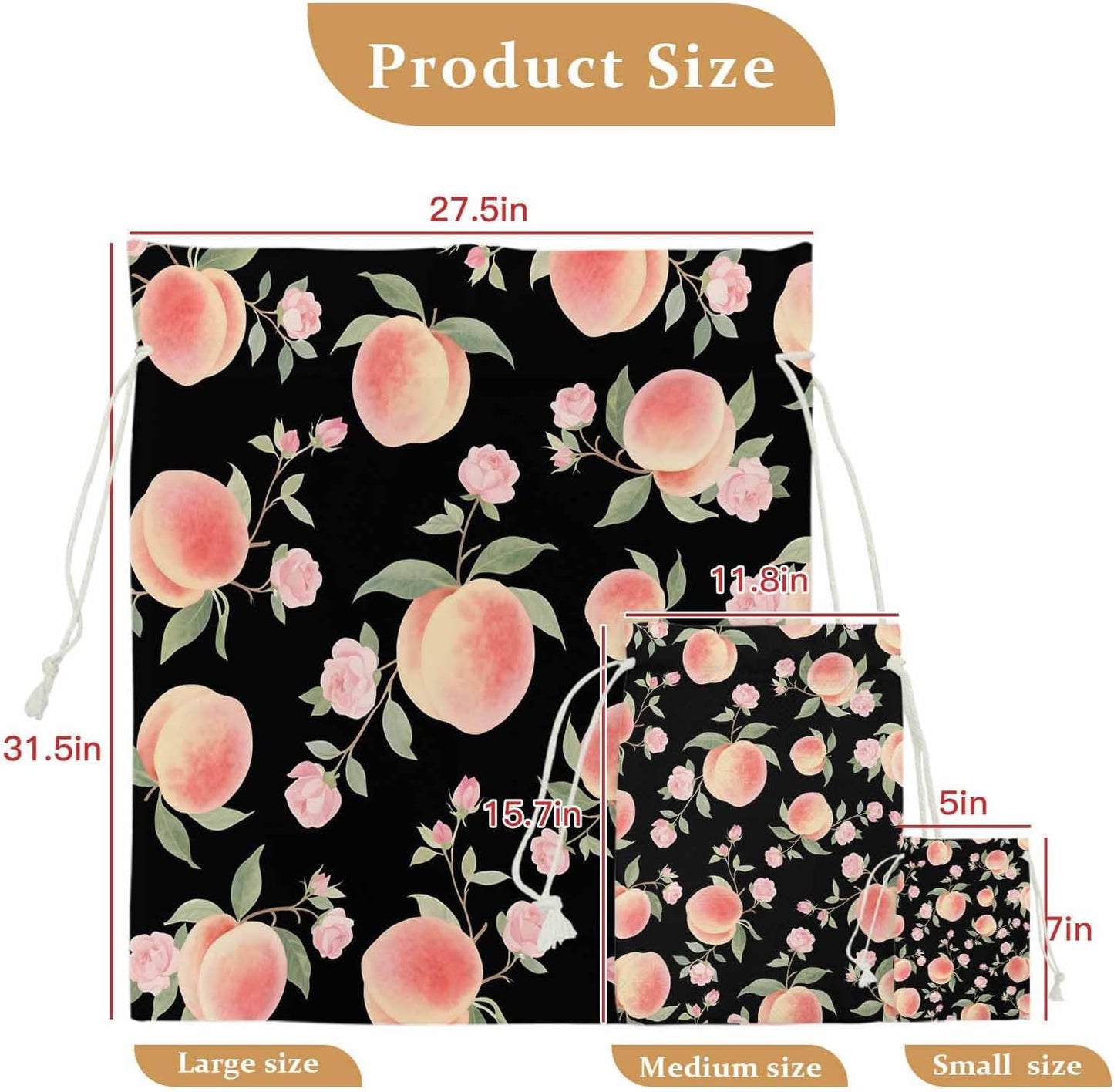 Victoroes Peach Drawstring Gift Bags 2 Pcs 11.8" x 15.7" Medium Summer Peach Flower Spring Black Gift Bag Reusable Fabric Wrap Bags for Wedding Party Birthday Holiday