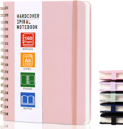 Hardcover Spiral Notebook for Women, A5 Lined Pink Journaling Notebooks for Work, 5.5 x 8in 160Pages Spiral Journal for Writing