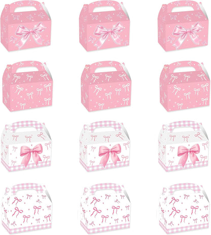 12Pack Party Treat Boxes, Favor Box Candy Boxes with Handles Birthday Gift Boxes Gable Box for Kids, Wedding, Anniversary, Christmas (Pink)