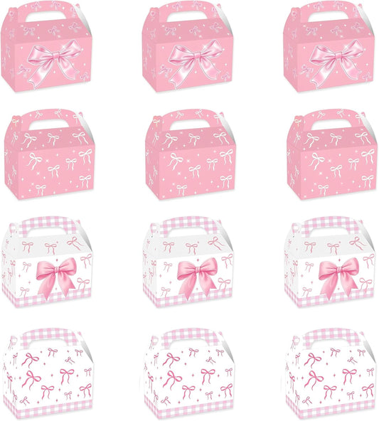 12Pack Party Treat Boxes, Favor Box Candy Boxes with Handles Birthday Gift Boxes Gable Box for Kids, Wedding, Anniversary, Christmas (Pink)
