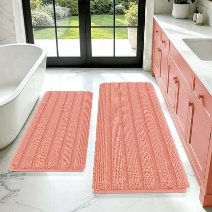 Striped Coral Bathroom Rug Mat Set 2 piece 24"x17"+48"x20" Ultra Soft, Non Slip Chenille Bath Rugs, Absorbent Plush Shaggy Bath Mats for Bathroom, Bedroom, Kitchen, Shower, Tub