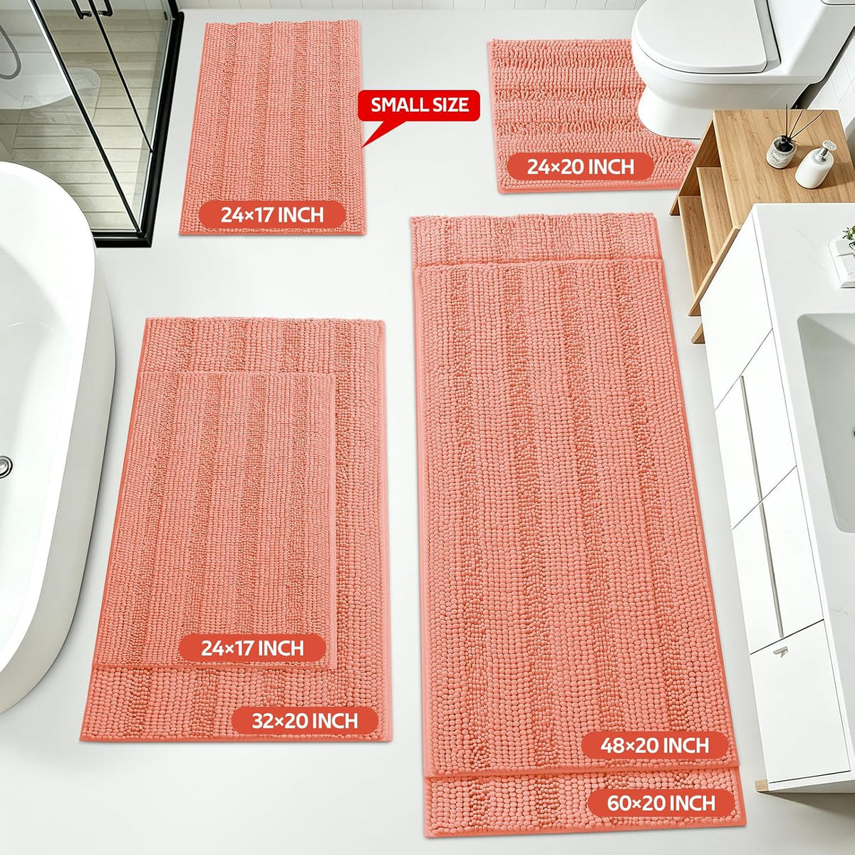 Striped Coral Bathroom Rug Mat Set 2 piece 24"x17"+48"x20" Ultra Soft, Non Slip Chenille Bath Rugs, Absorbent Plush Shaggy Bath Mats for Bathroom, Bedroom, Kitchen, Shower, Tub