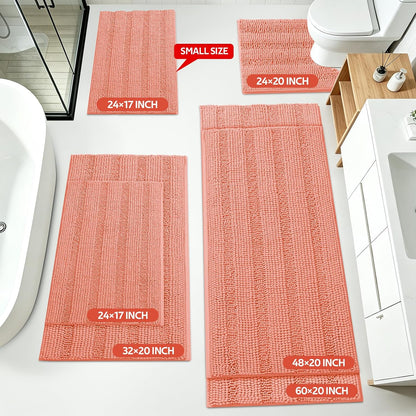 Striped Coral Bathroom Rug Mat Set 2 piece 24"x17"+48"x20" Ultra Soft, Non Slip Chenille Bath Rugs, Absorbent Plush Shaggy Bath Mats for Bathroom, Bedroom, Kitchen, Shower, Tub