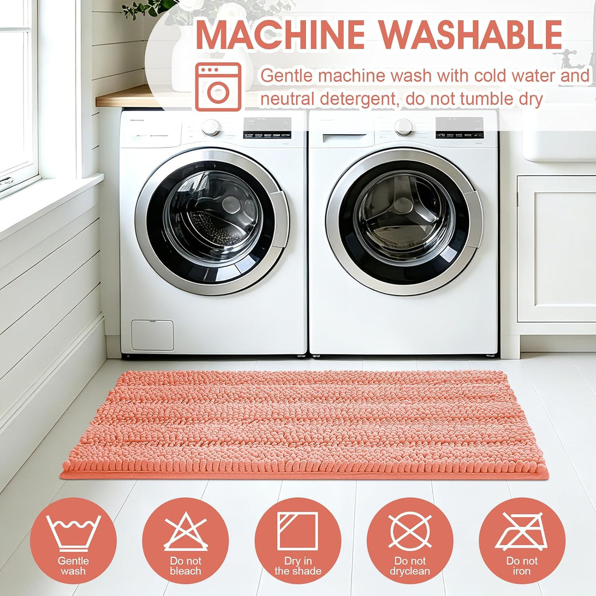 Striped Coral Bathroom Rug Mat Set 2 piece 24"x17"+48"x20" Ultra Soft, Non Slip Chenille Bath Rugs, Absorbent Plush Shaggy Bath Mats for Bathroom, Bedroom, Kitchen, Shower, Tub