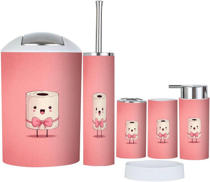 Pink Coastal Bathroom Accessories Set 6 piece Pink Bow Bowknot Coquette Preppy Toilet Paper Roll Plastic shatterproof Vanity Organization countertop Decor for Home, Apartment, Dorm