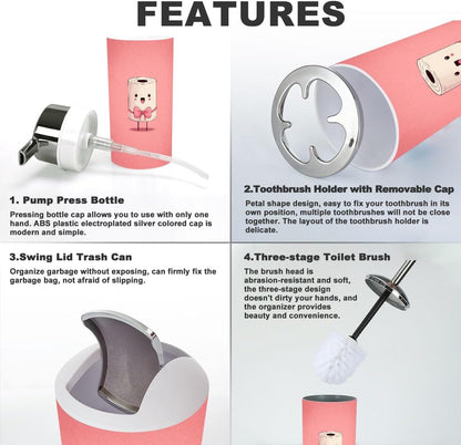 Pink Coastal Bathroom Accessories Set 6 piece Pink Bow Bowknot Coquette Preppy Toilet Paper Roll Plastic shatterproof Vanity Organization countertop Decor for Home, Apartment, Dorm